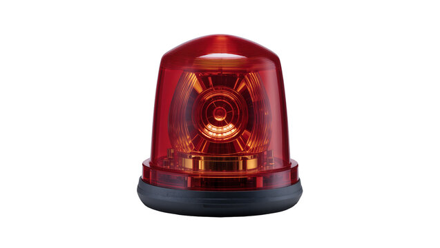 Red rotating beacon light with internal reflector, isolated on transparent background