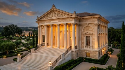 Obraz premium Grand Neoclassical Mansion with Ornate Pillars and Manicured Gardens at Twilight