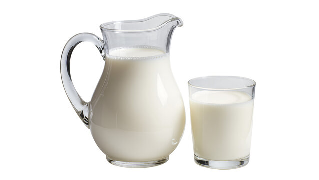 Clear glass pitcher and drinking glass filled with fresh white milk, isolated on transparent background