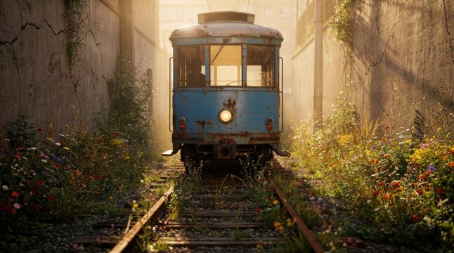 Vintage Blue Tram on Overgrown Railway Track in Narrow Sunlit Alley, Golden Hour Light Creating Warm Glow, Wildflowers Blooming Alongside, Capturing Nostalgia and Urban Serenity