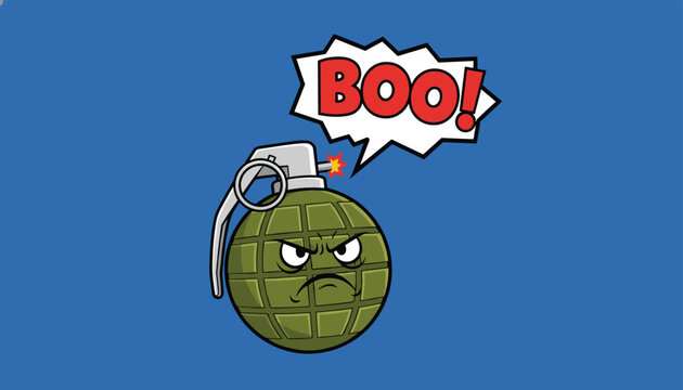 Angry cartoon military green hand grenade character with a comic book speech bubble shouting boo on blue background.