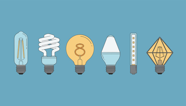 Row of diverse lightbulb designs from traditional incandescent bulbs to modern energy-saving LED lamps vector illustration.