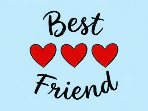 Best friend text art with three red hearts centered on simple light blue background for greeting card design