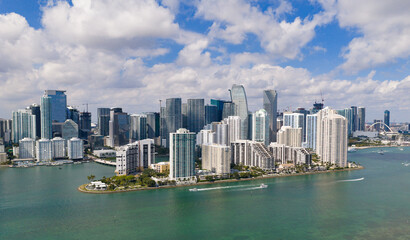 Obraz premium Aerial Miami Brickell downtown financial district. Miami skyline. Miami cityscape from drone. Miami downtown skyline.