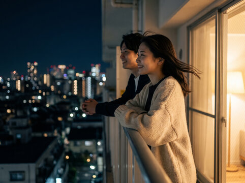 マンションのベランダから都会の夜景を笑顔で眺める女性