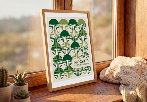 Wooden frame mockup on window sill with cozy blanket
