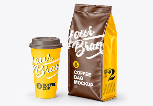 Large Coffee Bag and Paper Cup Mockup