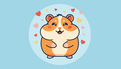 Fototapeta premium Adorable cartoon hamster looking happy and smiling inside a light blue circle surrounded by colorful love hearts.