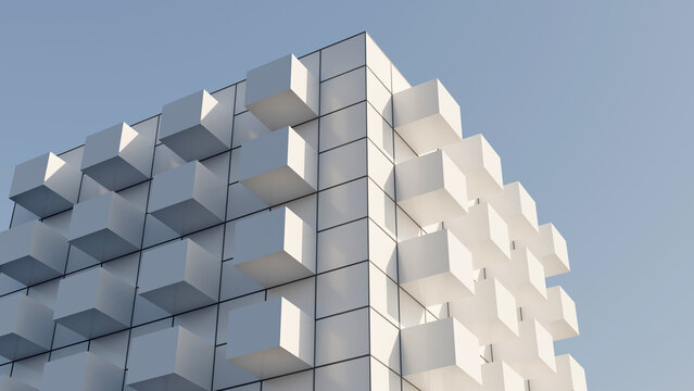 Abstract 3D render of a futuristic building facade with white protruding modular cubes and grid pattern under a blue sky