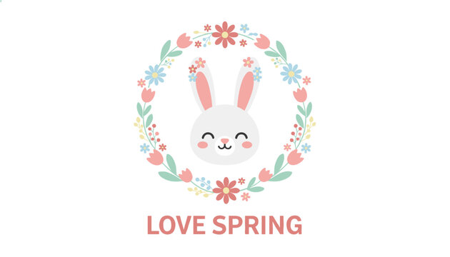 Cute white rabbit face framed by a delicate circular flower wreath with pink Love Spring text below on a white background.