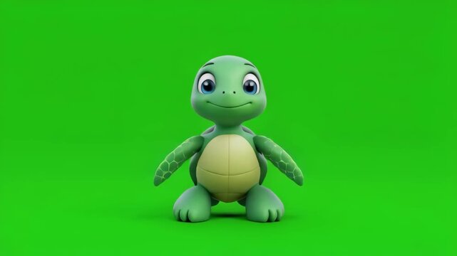 Cute cartoon turtle standing and waving on a green screen background with cinematic motion