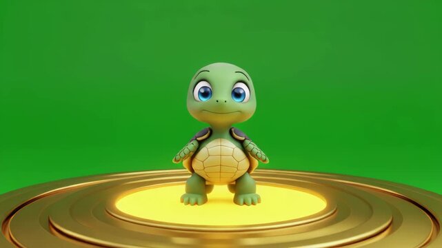 Cute cartoon turtle standing on illuminated golden platform against green screen background