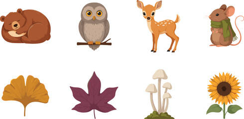 Fototapeta premium Cute Cartoon Autumn Woodland Animal and Nature Element Set with Sleeping Bear Owl Fawn Deer Mouse Ginkgo Maple Leaf Mushrooms and Sunflower Icons