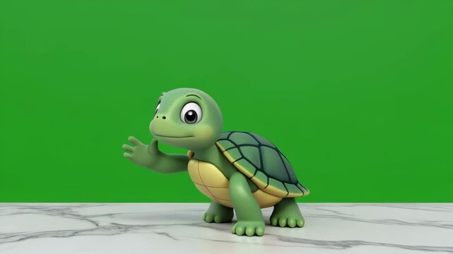 Cute cartoon turtle walking across a stone path with a vibrant green background and gentle camera pan