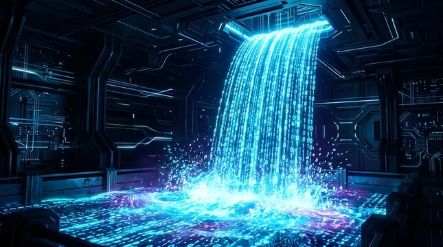 Bright blue digital waterfall composed of flowing binary code numbers cascading down in a high contrast neon light technology environment