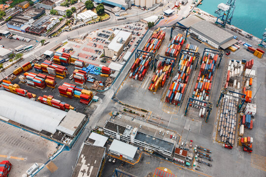 Aerial view of the container terminal and cranes at the port, Salvador, Bahia, Brazil