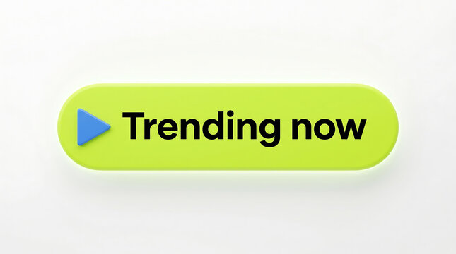Trending now button with blue play icon on light green rounded rectangle isolated on white