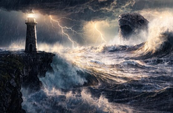Horizontal view of an epic dramatic coastal storm with a stone lighthouse on a cliff and a colossal sea monster rising from the ocean under lightning and heavy rain