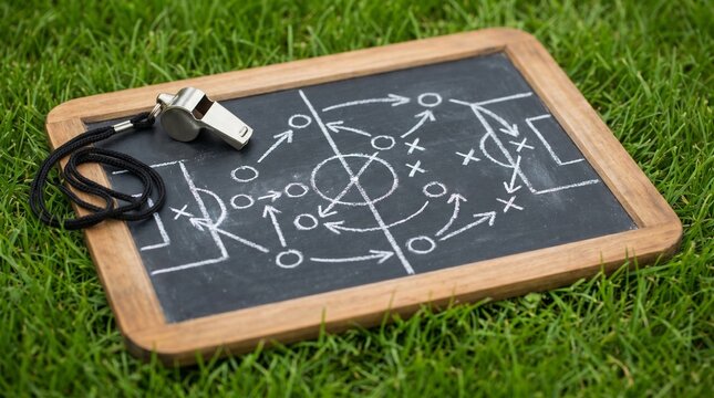 Soccer tactic board with a silver referee whistle resting on green grass