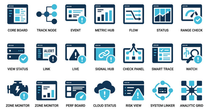 Tech dashboard icons for system monitoring in a clean graphic style Isolated on white background