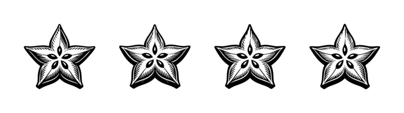 Four star fruit slices arranged in a row, black and white illustration