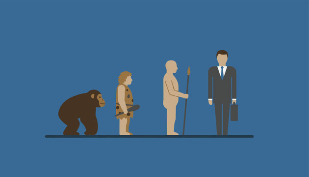 Concept of human evolution stages from ancient monkey and prehistoric caveman to modern successful businessman.