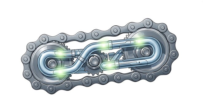 Cartoon mechanical transmission system with interlocking metal gears, chains, and glowing green pipes.