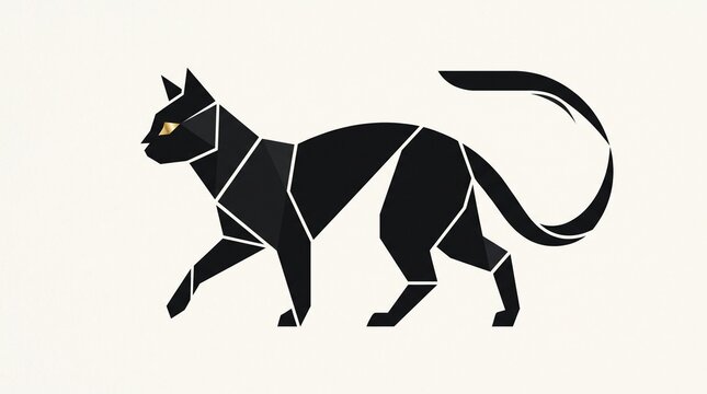 Sleek black cat illustrated in a geometric minimalist style walking across a white background for modern luxury branding and animal silhouette logo design