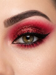 Naklejka premium Stunning Close Up Shot of a Woman With Dramatic Red Glitter Eyeshadow Makeup
