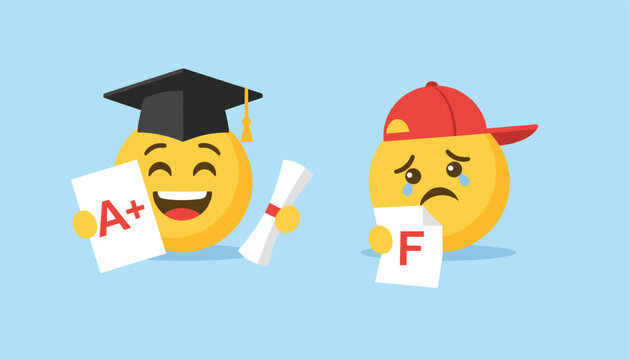 Contrast between a successful graduate emoji holding an A grade and a sad crying student emoji with an F grade.