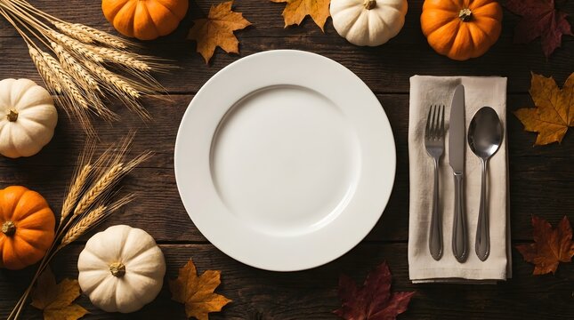 Empty plate with cutlery and autumn decorations on a dark rustic wooden table for thanksgiving