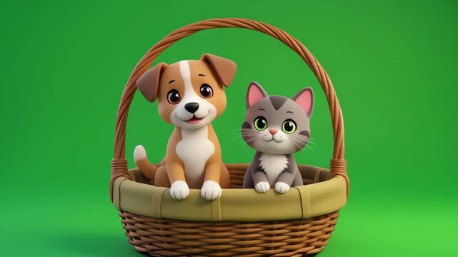 Cute dog and cat friends in a woven basket with green background during springtime celebration