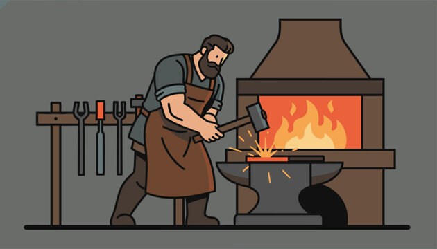 Strong blacksmith worker using a large hammer to shape hot metal on an anvil next to a burning fire furnace.