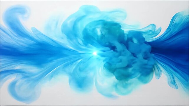 Abstract blue and teal ink swirling in water against a white background.