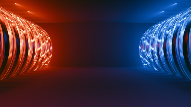 Abstract background with blue and red metallic tunnel studio room. 3D rendering