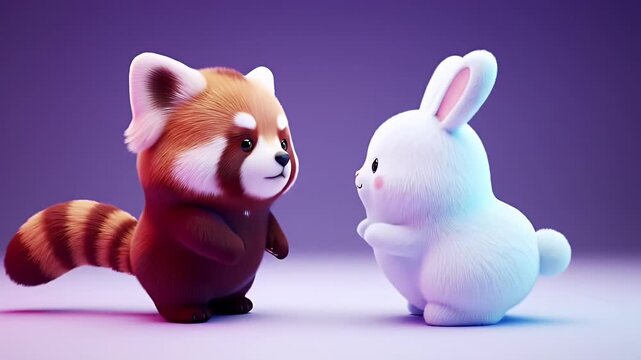 Adorable 3D render of a red panda and a white bunny facing each other with a purple gradient background.