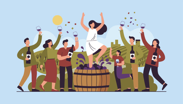 Cheerful group of friends celebrating autumn grape harvest and wine festival around huge barrel with stomped grapes.