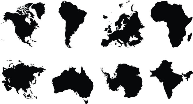 Black and white continent silhouettes set featuring detailed world map regions and geographical landmass icons