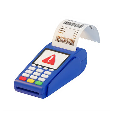Blue handheld credit card payment terminal scanning receipt isolated on transparent background
