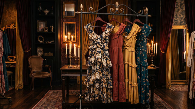 Clothing rack with tiered dresses in a vintage opulent boutique shop