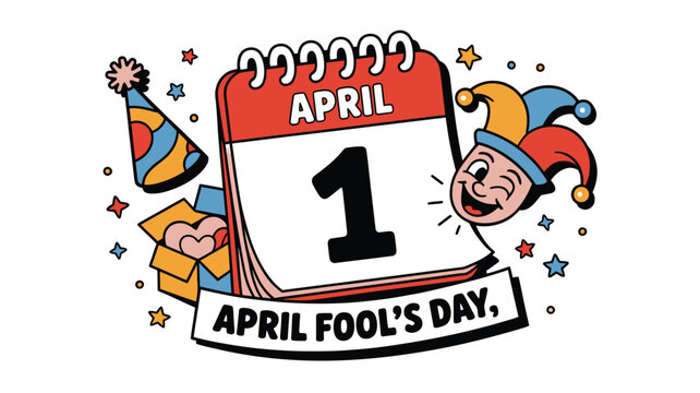 April Fool's Day Calendar Illustration with Clown Character, Party Hat and Celebration Elements