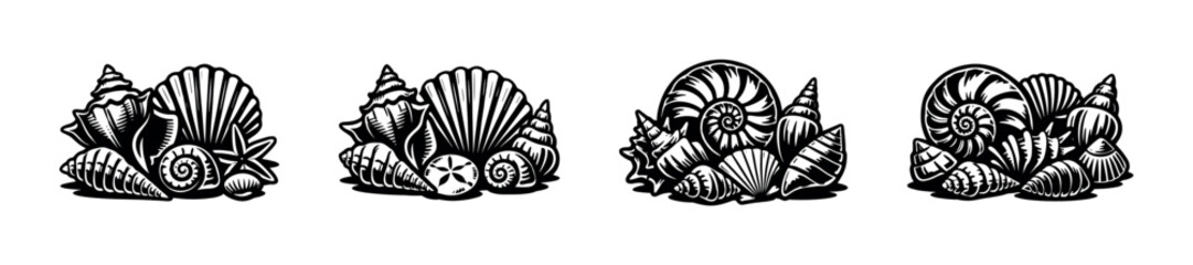Decorative arrangement of various seashells and starfish in a black and white illustration style © Compositor 