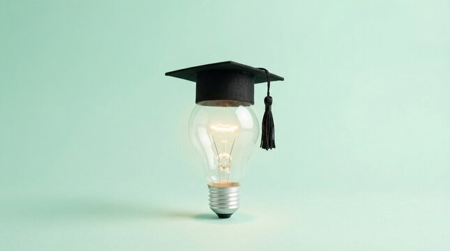 Glowing light bulb with graduation cap, symbolizing knowledge, innovation, and academic success. A bright idea concept for education