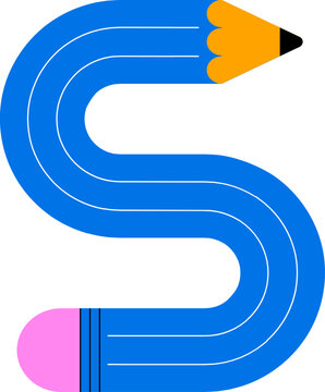 Colorful curved S-shaped pencil doodle. Playful back to school graphic element. Hand drawn education vector illustration