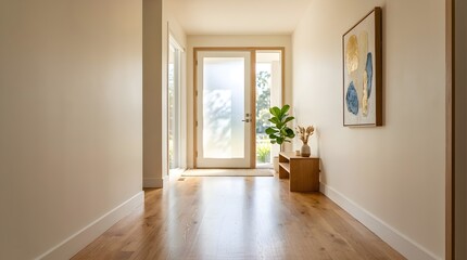 Fototapeta premium Sunlit Entryway With Hardwood Floors And Modern Artwork Enhances Home's Welcoming Ambiance
