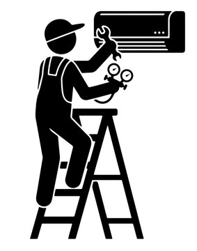 HVAC technician on ladder repairing air conditioning unit with tools