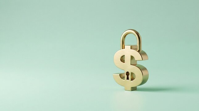 Gold dollar sign padlock with copy space background concept of financial security and money protection