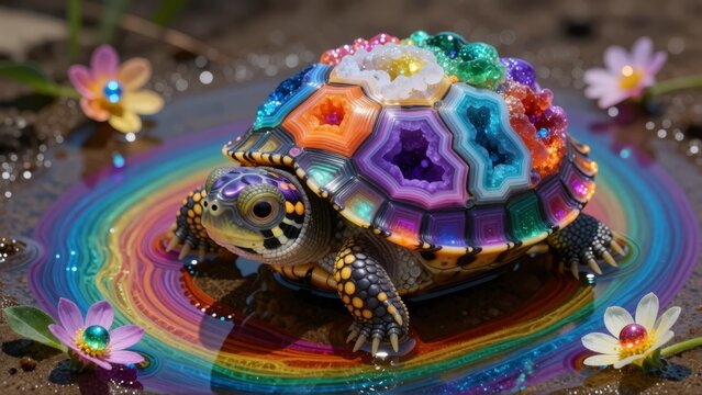 Colorful turtle with a crystal shell standing on a vibrant rainbow puddle in a garden setting