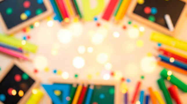 Blurred back to school supplies and bokeh lights framing a bright copy space background