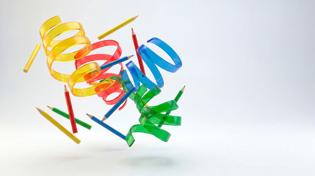Colorful translucent glass spirals and pencils floating over a white background with copy space